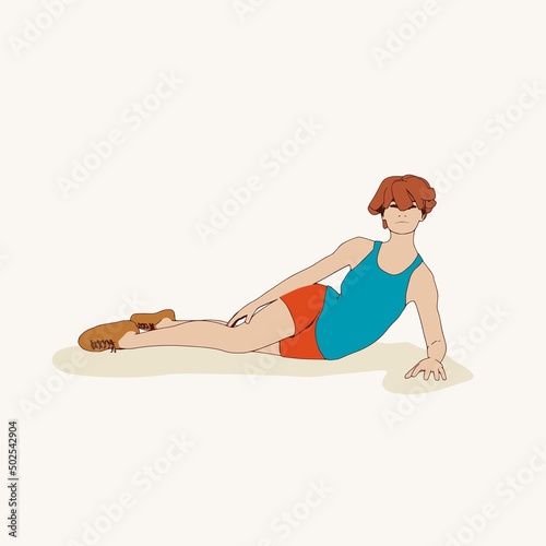 Lying woman. Sport girl illustration. Casual sportwear - t-shirt, breeches and sneakers. Young woman wearing workout clothes. Sport fashion girl outline in urban casual style.