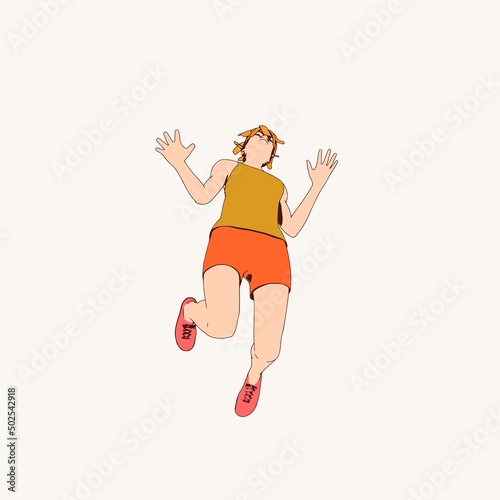 Jumping beautiful woman. Sport girl illustration. Young woman wearing workout clothes. Sport fashion girl outline in urban casual style.