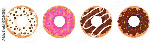 Donuts set isolated on white background. Top View Doughnuts collection with icing vector illustration in flat style. Donut icons