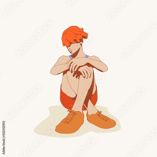Beautiful woman resting after exercise. Sport girl illustration. Young woman wearing workout clothes. Sport fashion girl outline in urban casual style.