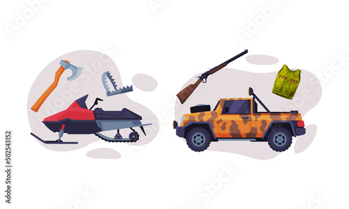 Off Road Car with Rifle and Snowmachine as Hunting Equipment Vector Set