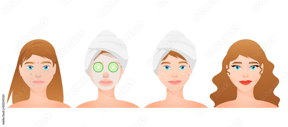 Vector illustration set of skin care girl face washes and applies cosmetic masks. Set of girl skin care face wash and cucumber mask Set of elements of home spa, beauty, relaxation, beauty treatments Vector illustration set of skin care girl face washes and applies cosmetic masks. Set of girl skin care face wash and cucumber mask Set of elements of home spa, beauty, relaxation, beauty treatments