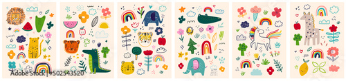 Fotografiet Baby posters and cards with animals and flowers pattern