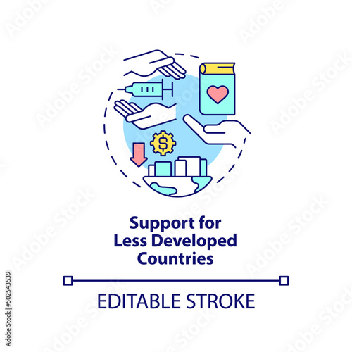 Support for less developed countries concept icon. International fight against covid abstract idea thin line illustration. Isolated outline drawing. Editable stroke. Arial, Myriad Pro-Bold fonts used