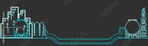 Natural gas and oil underwater transit concept. Gas rig, chemical plant, tank storage and pipe. Thin line style