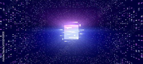 Metaverse abstract background with glowing glitch square in the center, perspective tunnel with a huge number of colorful elements illustrating the metaverse, virtual cyber space.
