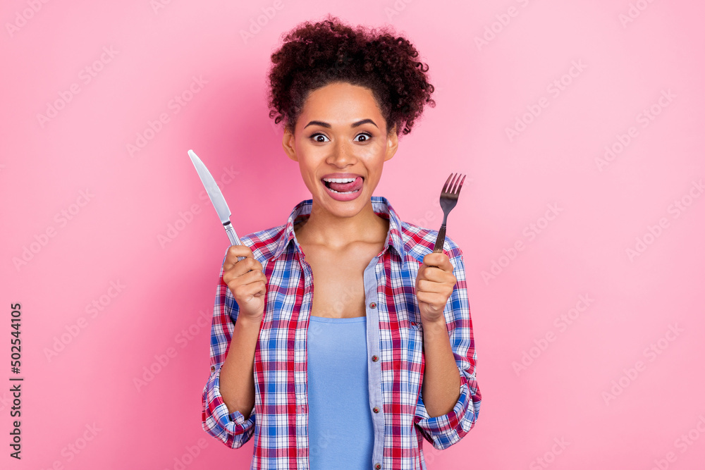 Photo of funny brunette lady want eat lick teeth wear red shirt isolated on pink color background