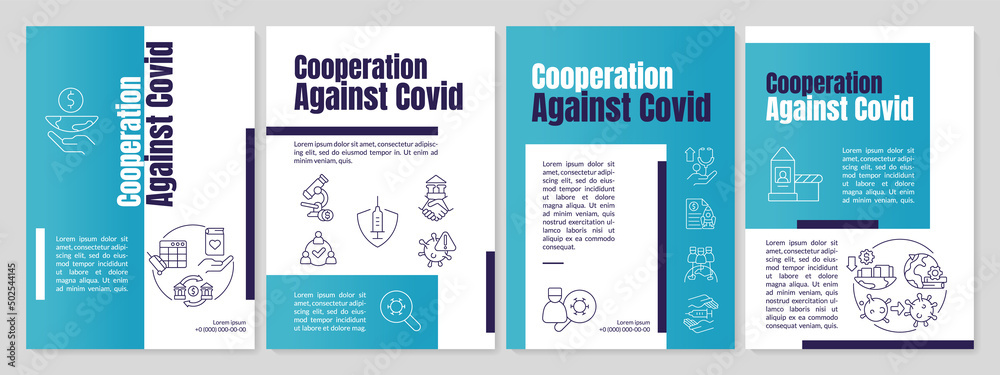 Partnership against covid blue brochure template. Global medicine. Leaflet design with linear icons. 4 vector layouts for presentation, annual reports. Anton, Lato-Regular fonts used