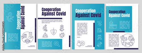 Partnership against covid blue brochure template. Global medicine. Leaflet design with linear icons. 4 vector layouts for presentation, annual reports. Anton, Lato-Regular fonts used