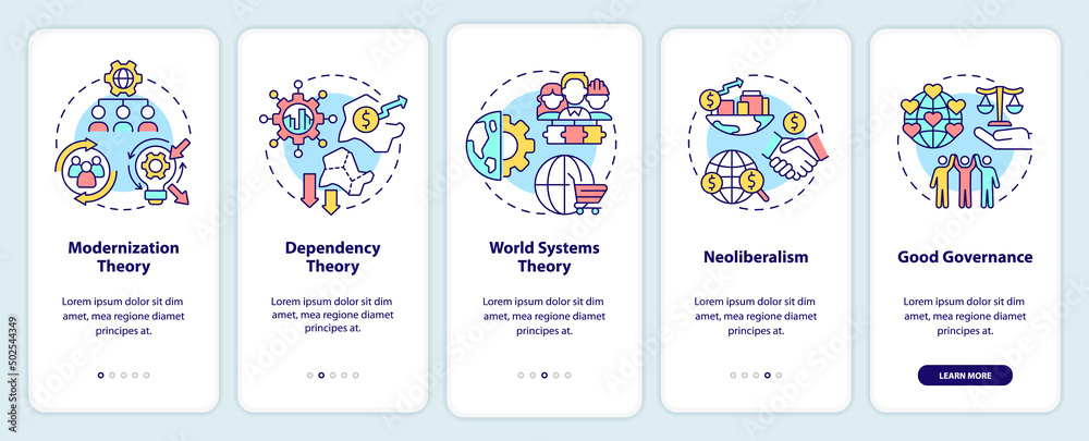 Society development theories onboarding mobile app screen. Global process walkthrough 5 steps graphic instructions pages with linear concepts. UI, UX, GUI template. Myriad Pro-Bold, Regular fonts used