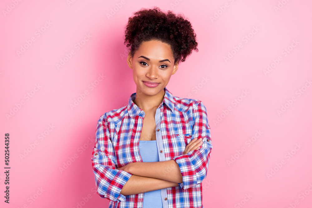 Photo of pretty brunette curly hairdo lady crossed arms wear plaid shirt isolated on pink color background