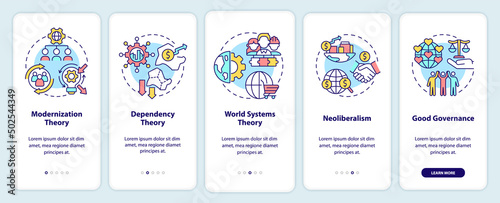 Society development theories onboarding mobile app screen. Global process walkthrough 5 steps graphic instructions pages with linear concepts. UI, UX, GUI template. Myriad Pro-Bold, Regular fonts used © bsd studio
