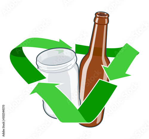 Green recycling symbol with glass jar and bottle inside. Concept of waste management and environmental protection. Vector isolated 3d cartoon style illustration.