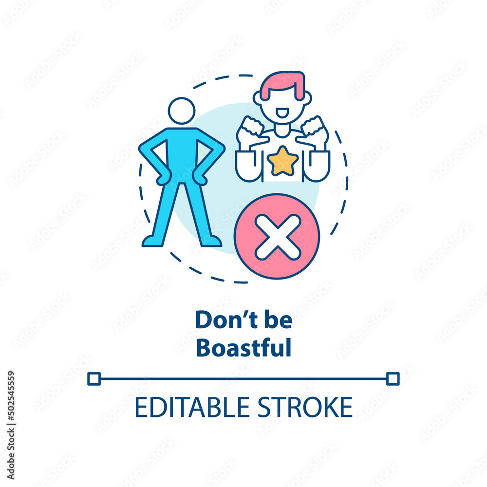 Obraz premium Do not be boastful concept icon. Be modest and humble. Basic etiquette rule abstract idea thin line illustration. Isolated outline drawing. Editable stroke. Arial, Myriad Pro-Bold fonts used