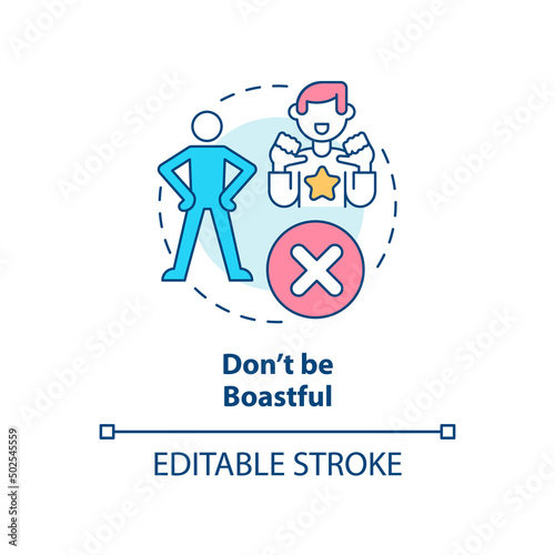 Do not be boastful concept icon. Be modest and humble. Basic etiquette rule abstract idea thin line illustration. Isolated outline drawing. Editable stroke. Arial, Myriad Pro-Bold fonts used