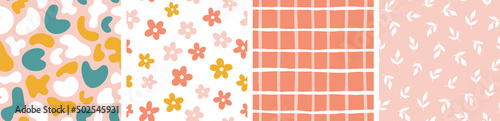 Seamless pattern with flowers and abstract elements. Vector backgrounds with hand drawn branches, flowers, checkered pattern, abstract shapes. Creative texture for fabric, textile