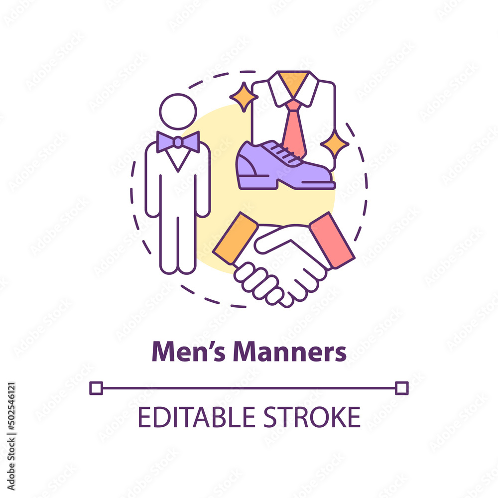 Men manners concept icon. Elegant and well mannered man. Social etiquette abstract idea thin line illustration. Isolated outline drawing. Editable stroke. Arial, Myriad Pro-Bold fonts used Men manners concept icon. Elegant and well mannered man. Social etiquette abstract idea thin line illustration. Isolated outline drawing. Editable stroke. Arial, Myriad Pro-Bold fonts used