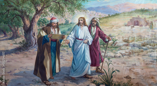 Obraz na płótnie VALENCIA, SPAIN - FEBRUAR 17, 2022: The paintingo of Jesus with the disciples of Emausy in the church San Salvador y Santa Monica from 20