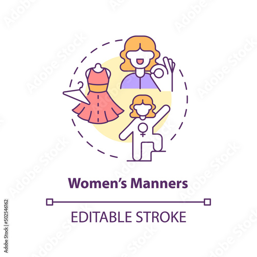Women manners concept icon. Elegant and strong woman. Social etiquette abstract idea thin line illustration. Isolated outline drawing. Editable stroke. Arial, Myriad Pro-Bold fonts used