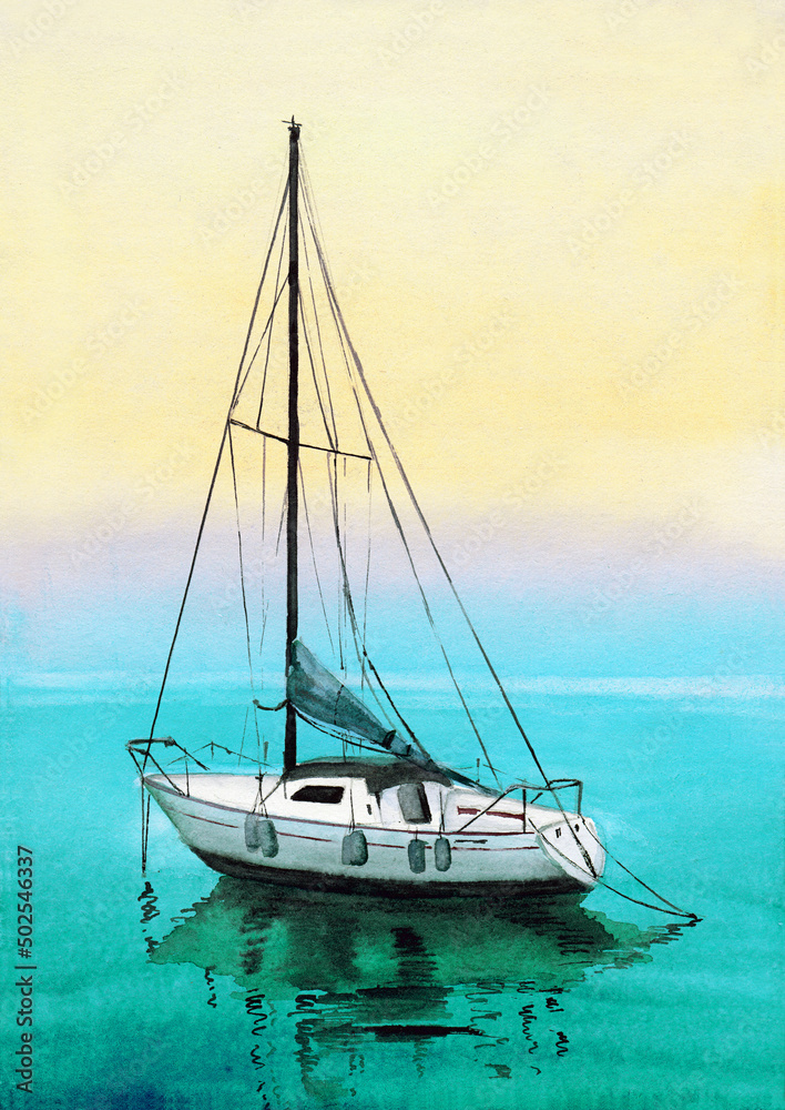 Watercolor illustration of a sailing boat with lowered sails with its reflection in blue water against a yellow sunset sky background Watercolor illustration of a sailing boat with lowered sails with its reflection in blue water against a yellow sunset sky background