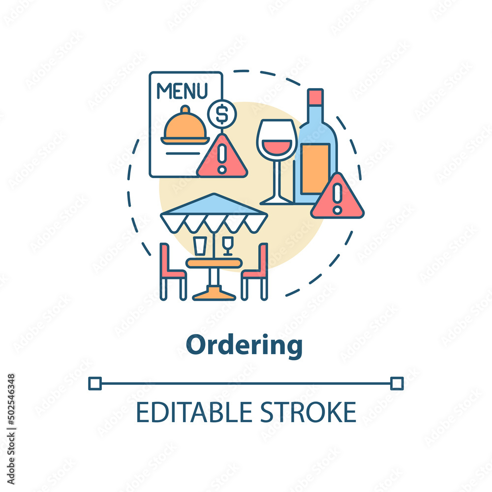 Ordering concept icon. Table manners. Dining rules. Restaurant etiquette abstract idea thin line illustration. Isolated outline drawing. Editable stroke. Arial, Myriad Pro-Bold fonts used Ordering concept icon. Table manners. Dining rules. Restaurant etiquette abstract idea thin line illustration. Isolated outline drawing. Editable stroke. Arial, Myriad Pro-Bold fonts used