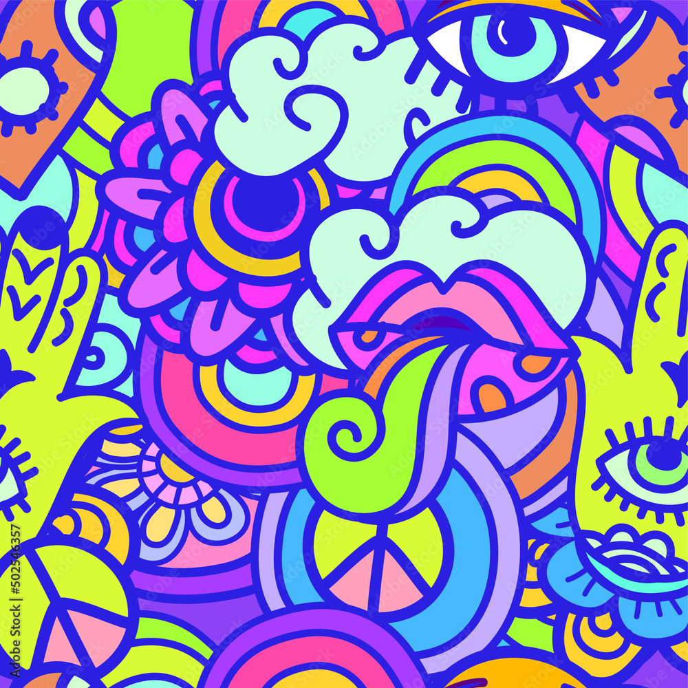 Obraz premium psychedelic hippie colorful seamless vector pattern