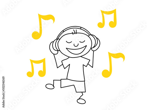 A happy character smiles and dances to music with headphones.