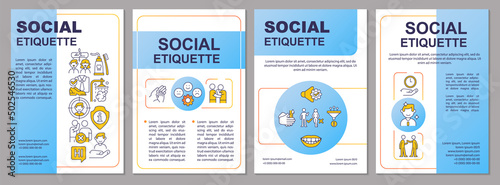 Social etiquette blue brochure template. Norms and rules. Leaflet design with linear icons. 4 vector layouts for presentation, annual reports. Arial-Black, Myriad Pro-Regular fonts used