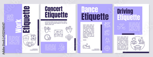 Etiquette types purple brochure template. Ethical code. Rules and norms. Leaflet design with linear icons. 4 vector layouts for presentation, annual reports. Anton, Lato-Regular fonts used