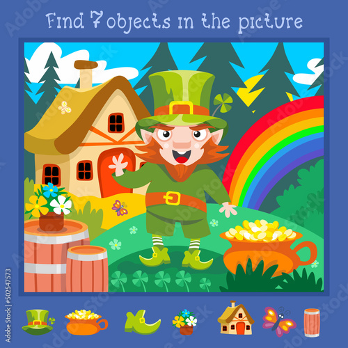 Find 7 hidden objects. Educational game for children. Leprechaun with shamrock. Cartoon cute character. Vector color illustration. Fairy tale little man picture.