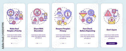 Netiquette rules onboarding mobile app screen. Online interaction walkthrough 5 steps graphic instructions pages with linear concepts. UI, UX, GUI template. Myriad Pro-Bold, Regular fonts used