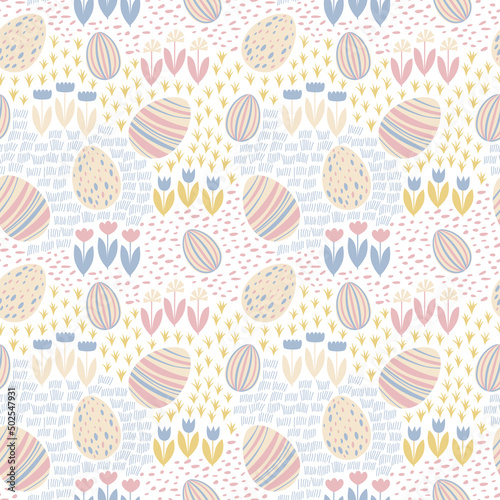 Vector seamless pattern with Easter eggs and flowers. Design for fabrics, wrapping paper, scrapbooking or brand package.