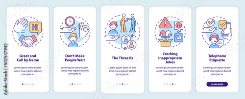 Business etiquette onboarding mobile app screen. Set of rules walkthrough 5 steps graphic instructions pages with linear concepts. UI, UX, GUI template. Myriad Pro-Bold, Regular fonts used