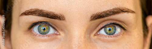 permanent eyebrow makeup concept, green eyed woman with well-groomed eyebrows, trendy microblading technique