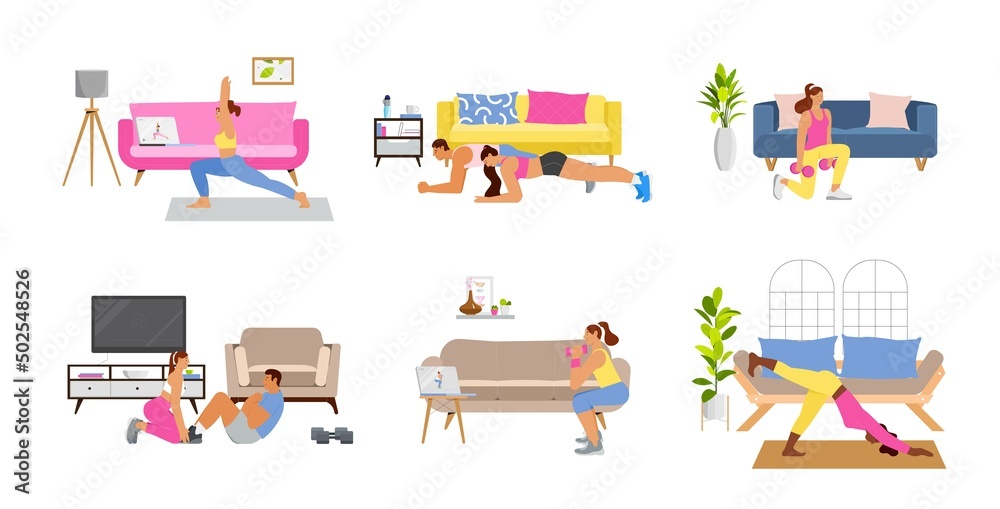 Collection of scenes, people young men and women doing workout, yoga, sport with dumbbells weight at home, during lockdown. Flat vector illustration, interior background Collection of scenes, people young men and women doing workout, yoga, sport with dumbbells weight at home, during lockdown. Flat vector illustration, interior background