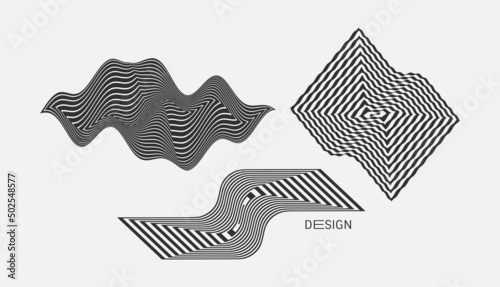 Black and white design elements. Abstract melted liquid shape. Psychedelic stripes. Optical art. 3D vector illustration for cover, poster, booklet, brochure, flyer, album or banner.