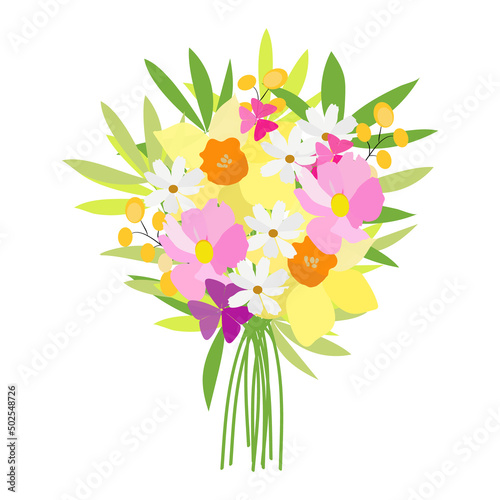 Delicate bright bouquet in a flat style. Vector illustration. Gift for March 8, mother's day. Bouquet for girls, women.Daffodils, forget-me-nots photo