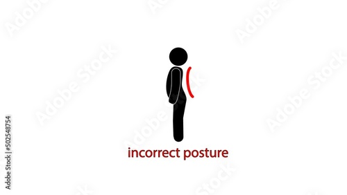 correct posture. Correct alignment of human body in standing posture for good personality and healthy of spine and bone. Health care and medical. 4К video illustration.