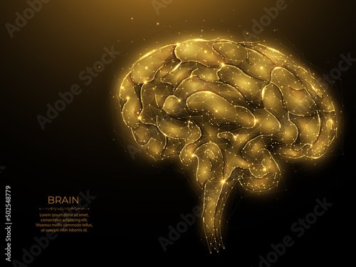 Polygonal human brain vector illustration on dark background. The concept of artificial intelligence. Cerebrum low poly design. Neurology banner or template