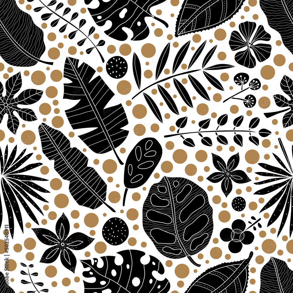 Tropical black leaves iand gold polk dots. Exotic summer botanical seamless pattern. Can be used in textile industry, paper, background, scrapbooking.Vector.