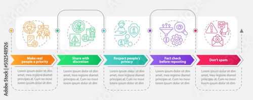 Netiquette manners rectangle infographic template. Data visualization with 5 steps. Process timeline info chart. Workflow layout with line icons. Myriad Pro-Bold, Regular fonts used