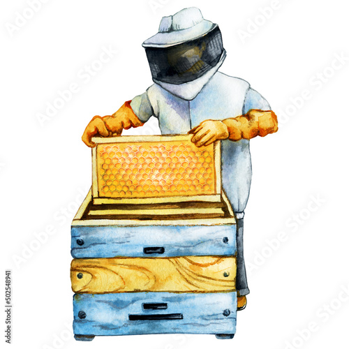 The beekeeper in the apiary takes out the honeycomb from the beehive. Hand drawn watercolor illustration isolated on white background