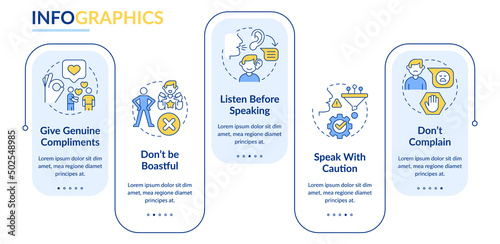 Basic etiquette rules blue rectangle infographic template. Set of norms. Data visualization with 5 steps. Process timeline info chart. Workflow layout with line icons. Lato-Bold, Regular fonts used