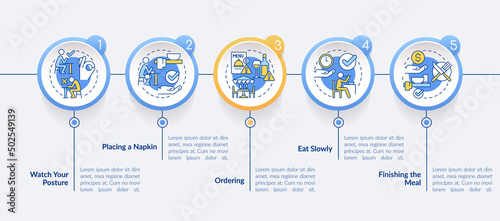 Restaurant etiquette circle infographic template. Table manners Data visualization with 5 steps. Process timeline info chart. Workflow layout with line icons. Lato-Bold, Regular fonts used