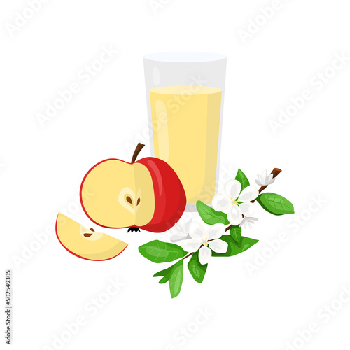 Glass of juice with sliced red apple and branch