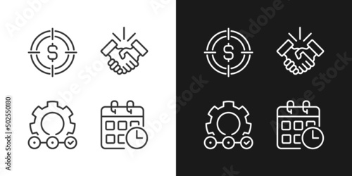 Successful business startup pixel perfect linear icons set for dark, light mode. Thin line symbols for night, day theme. Isolated illustrations. Editable stroke. Montserrat Bold, Light fonts used