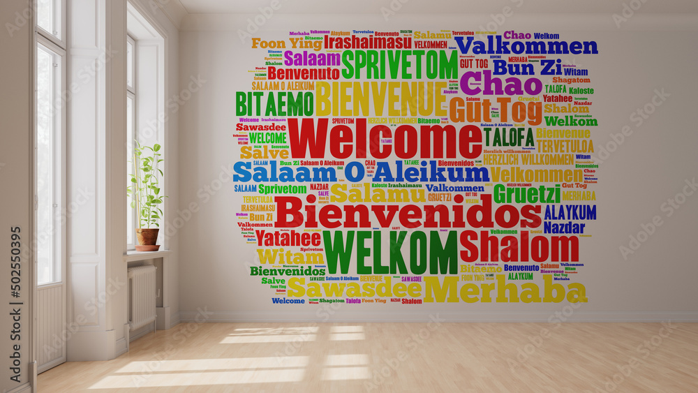 Willkommen Begrüßung in vielen Sprachen an Wand - obrazy, fototapety, plakaty 