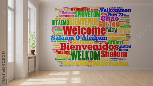 Willkommen Begrüßung in vielen Sprachen an Wand photo