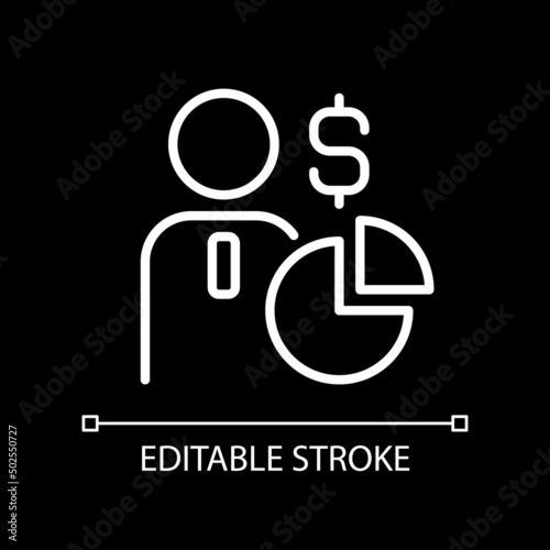 Shareholder pixel perfect white linear icon for dark theme. Sharing ownership. Equity in corporation. Thin line illustration. Isolated symbol for night mode. Editable stroke. Arial font used