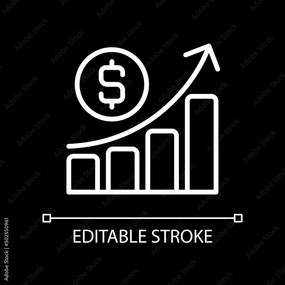 Business profit pixel perfect white linear icon for dark theme. Economic performance. Financial evaluation. Thin line illustration. Isolated symbol for night mode. Editable stroke. Arial font used Business profit pixel perfect white linear icon for dark theme. Economic performance. Financial evaluation. Thin line illustration. Isolated symbol for night mode. Editable stroke. Arial font used